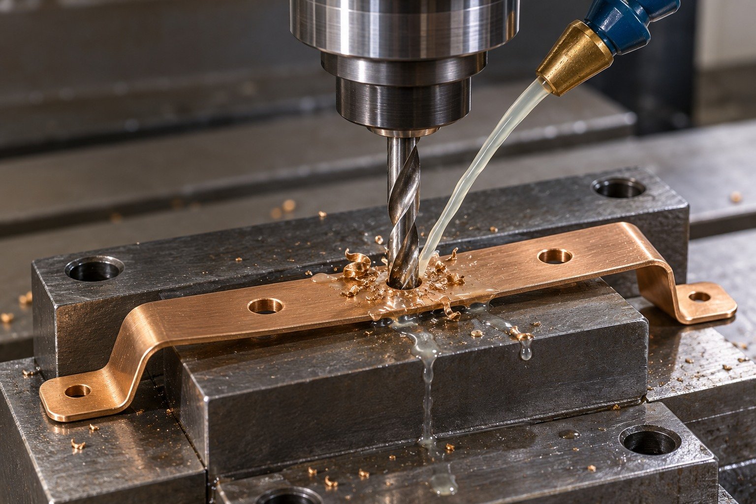 Drilling a supported bronze strip mounting foot — illustrative generated component concept