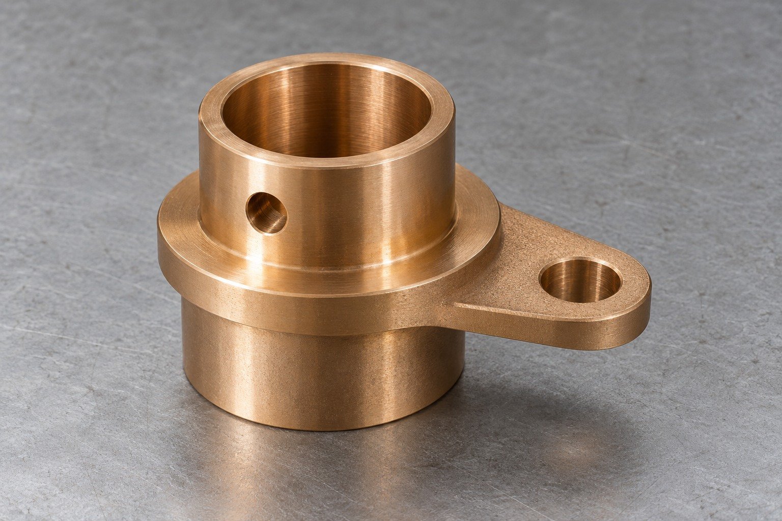 A phosphor-bronze short stepped sleeve with eccentric mounting ear, radial oil hole and broad annular shoulder concept — illustrative generated component concept