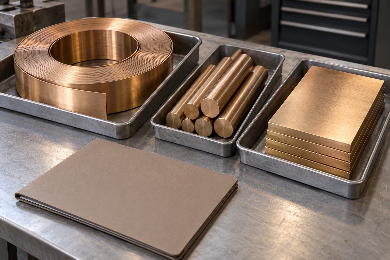 Separate bronze strip and bar stock for material review — illustrative generated component concept