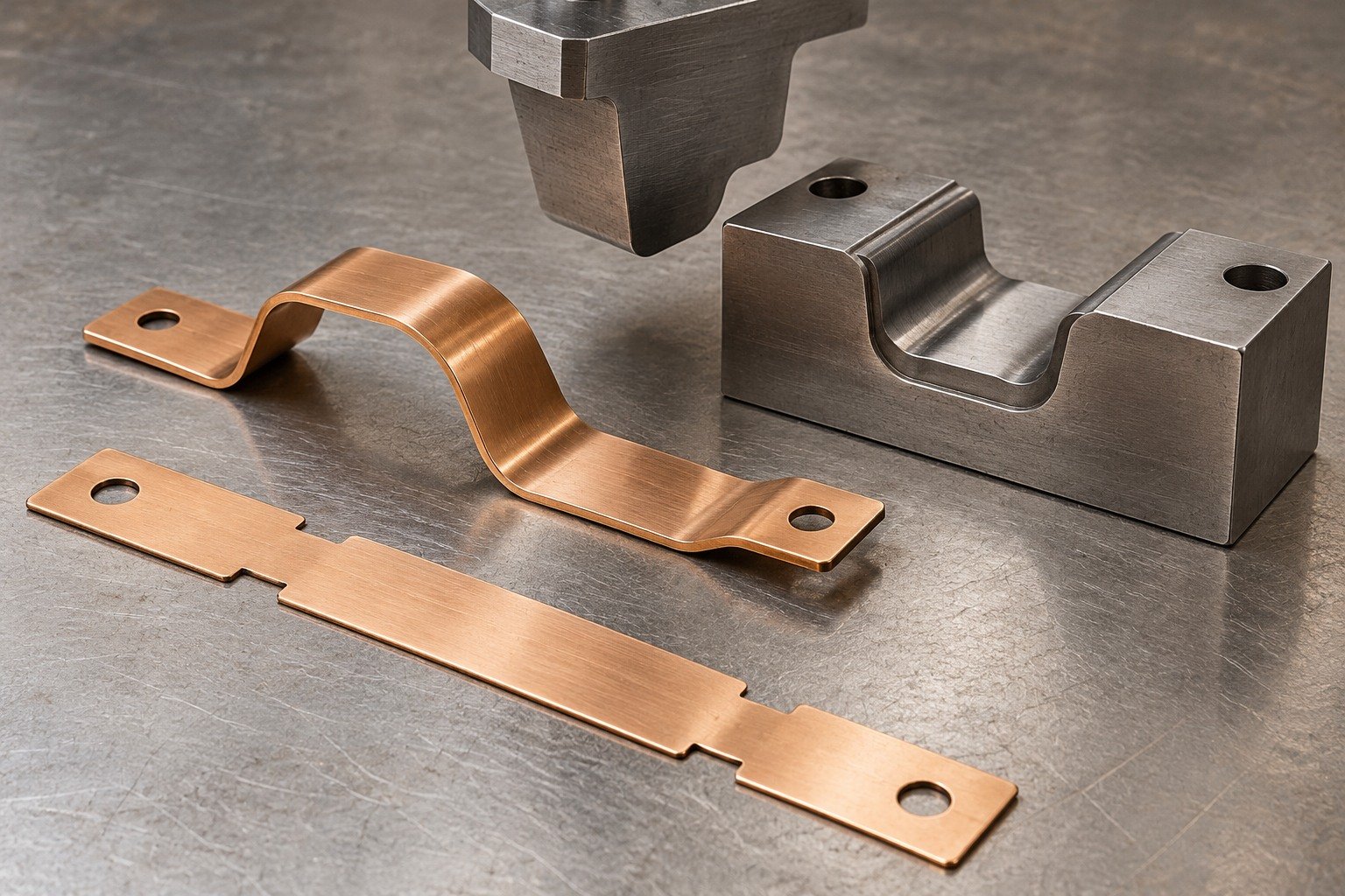Separate strip blank and formed bronze contact concept — illustrative generated component concept