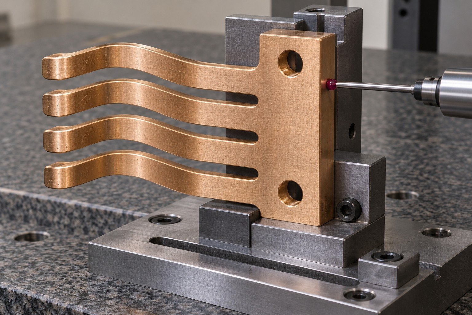 Supported datum inspection of bronze four tongue contact — illustrative generated component concept