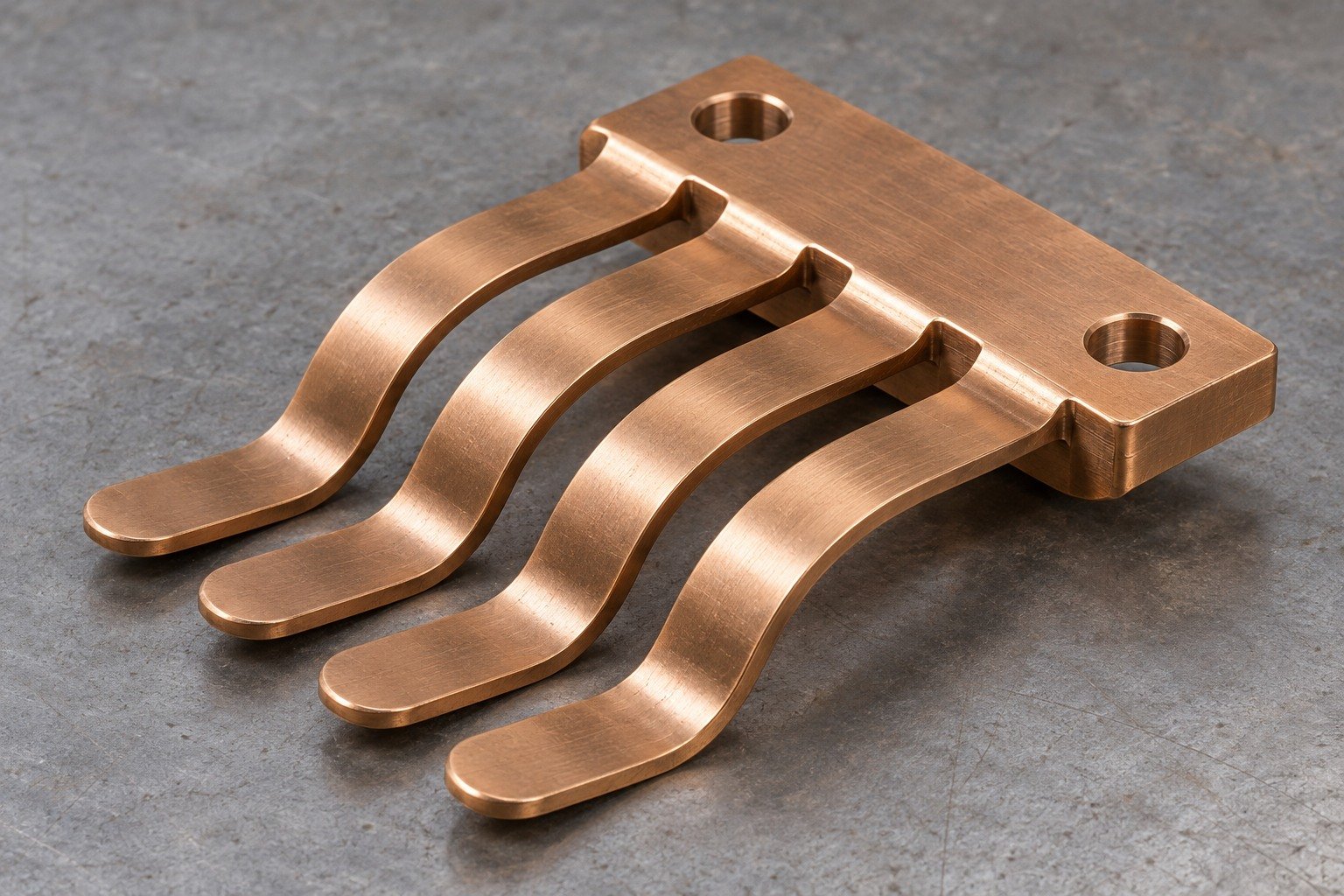 A broad bronze electrical spring contact with four parallel curved flat tongues, each with smoothly rounded end, attached to a thick flat mounting foot with two holes concept — illustrative generated component concept