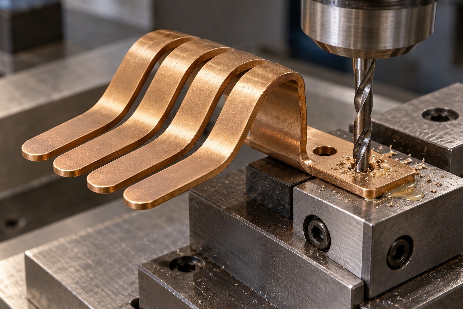 Supported mounting-feature machining of four tongue contact — illustrative generated component concept