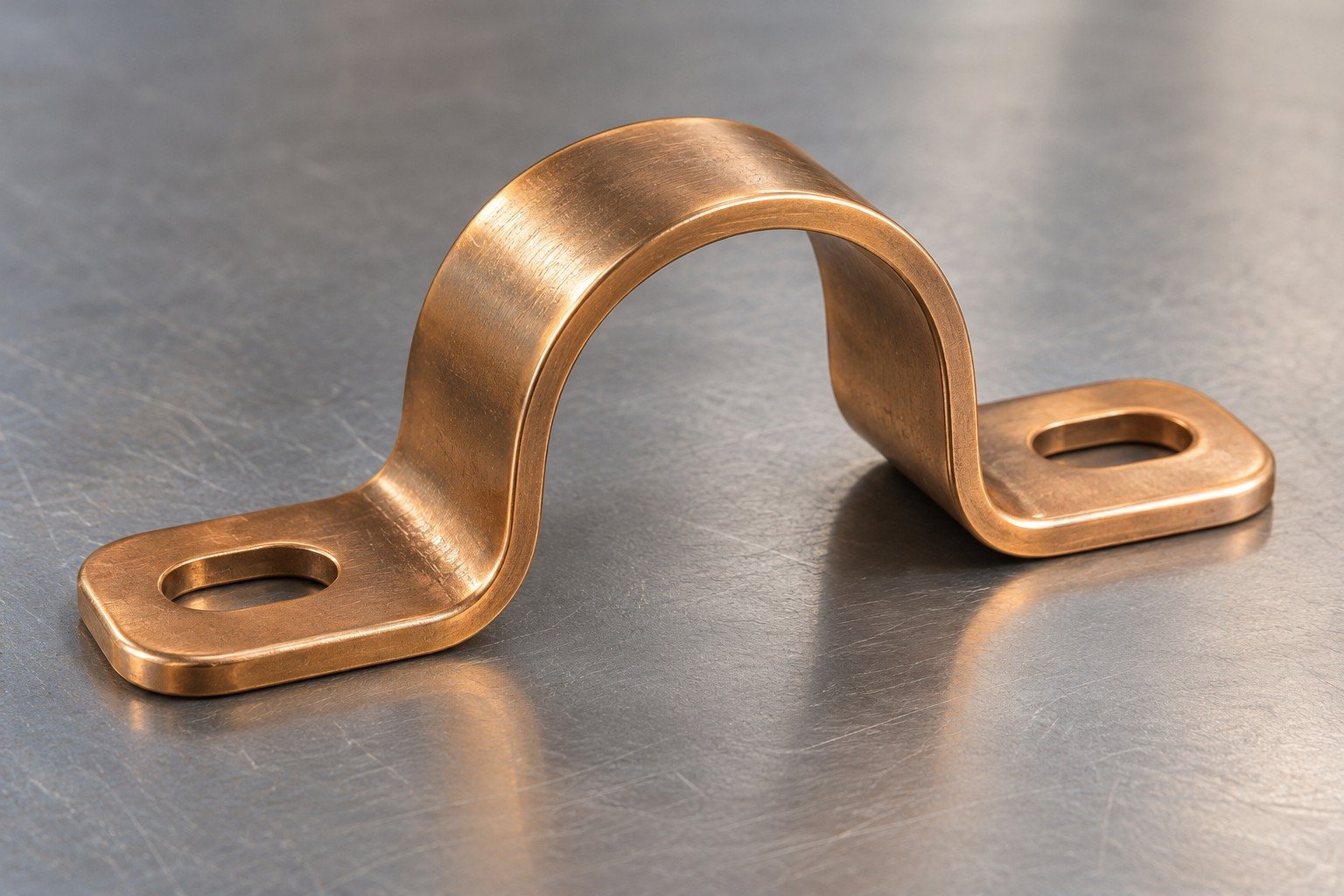 A broad bronze omega-shaped retainer clip with two flat mounting wings, one oval hole per wing and smooth rounded edges concept — illustrative generated component concept