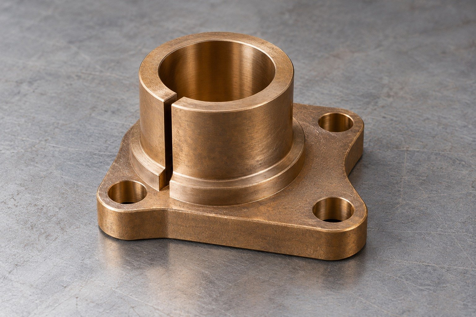 A bronze short split collar connector with one axial open slot, raised shoulder, eccentric flat base and three attachment bores concept — illustrative generated component concept