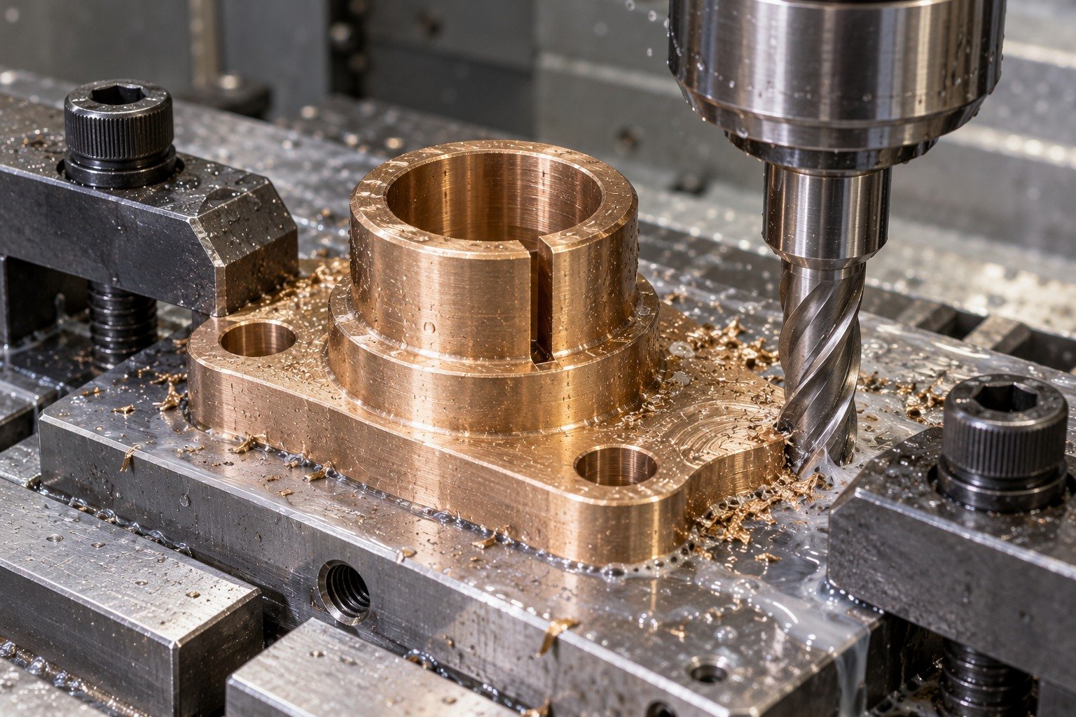 Supported mounting-feature machining of split collar connector — illustrative generated component concept