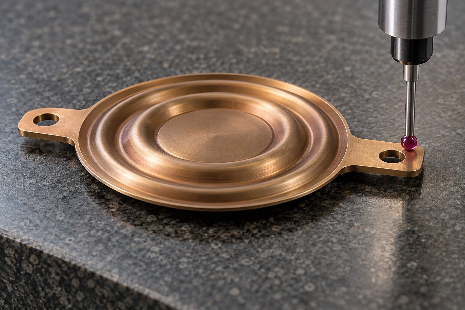 Supported datum inspection of bronze tabbed diaphragm — illustrative generated component concept