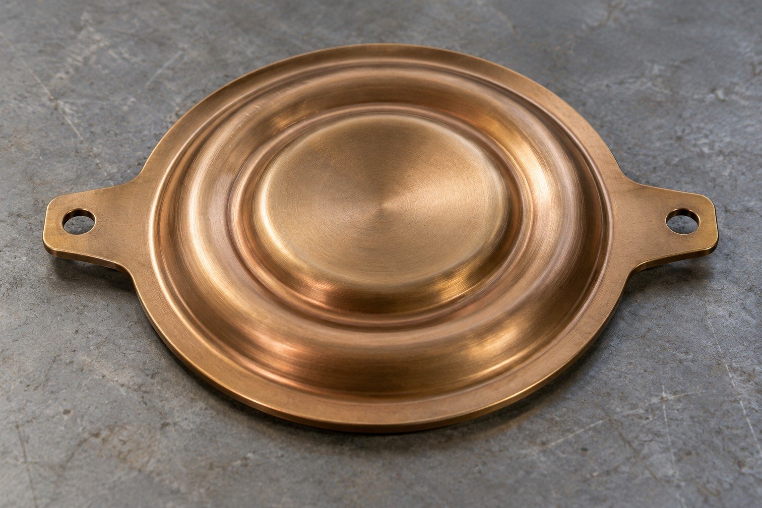 A shallow circular bronze diaphragm with two broad concentric rounded corrugations and two flat opposing mounting tabs, each with one round hole concept — illustrative generated component concept