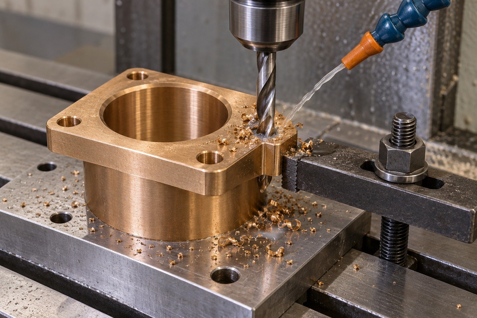 Drilling a supported bronze bushing flange — illustrative generated component concept