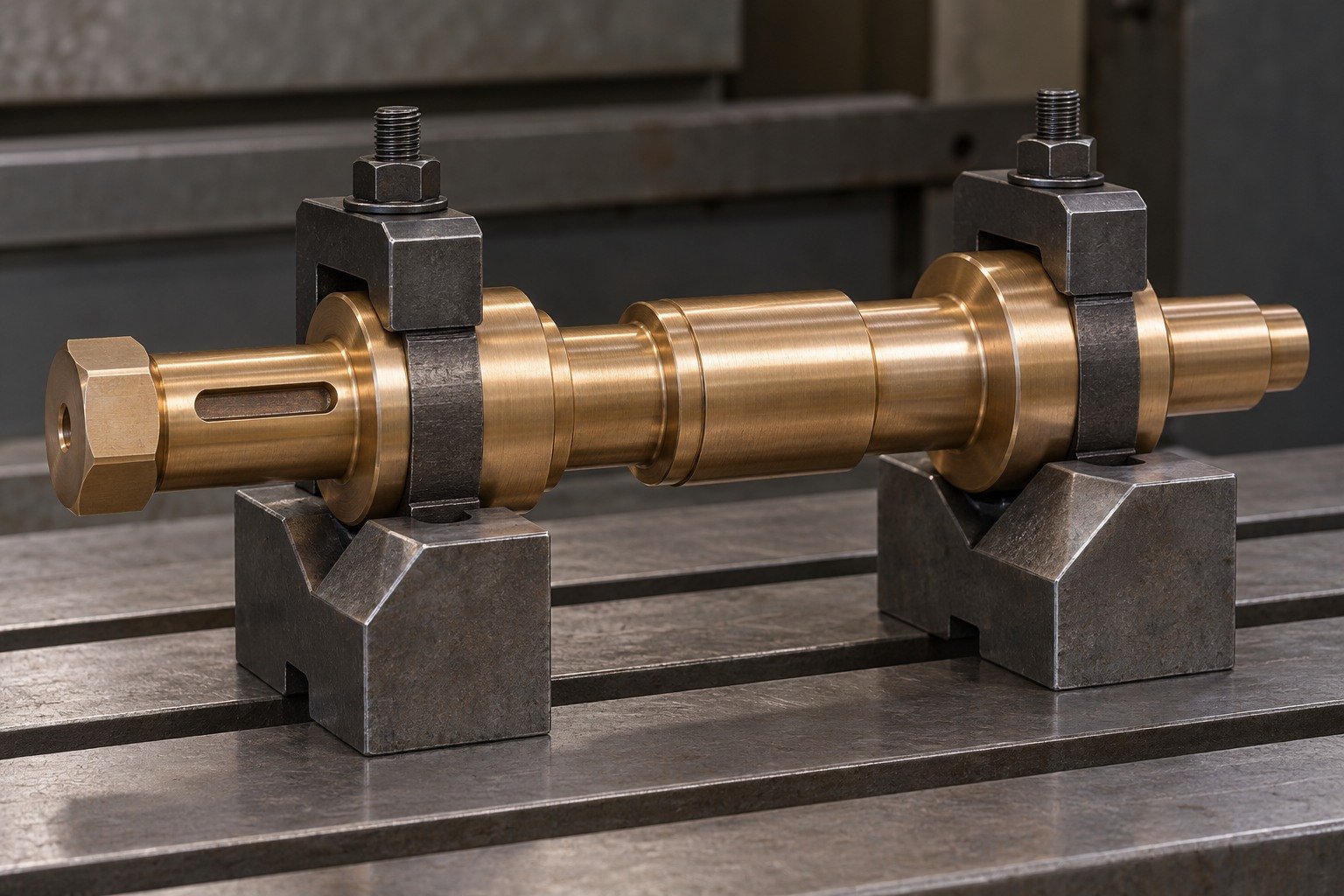 Two-point support review for bronze shaft machining — illustrative generated component concept