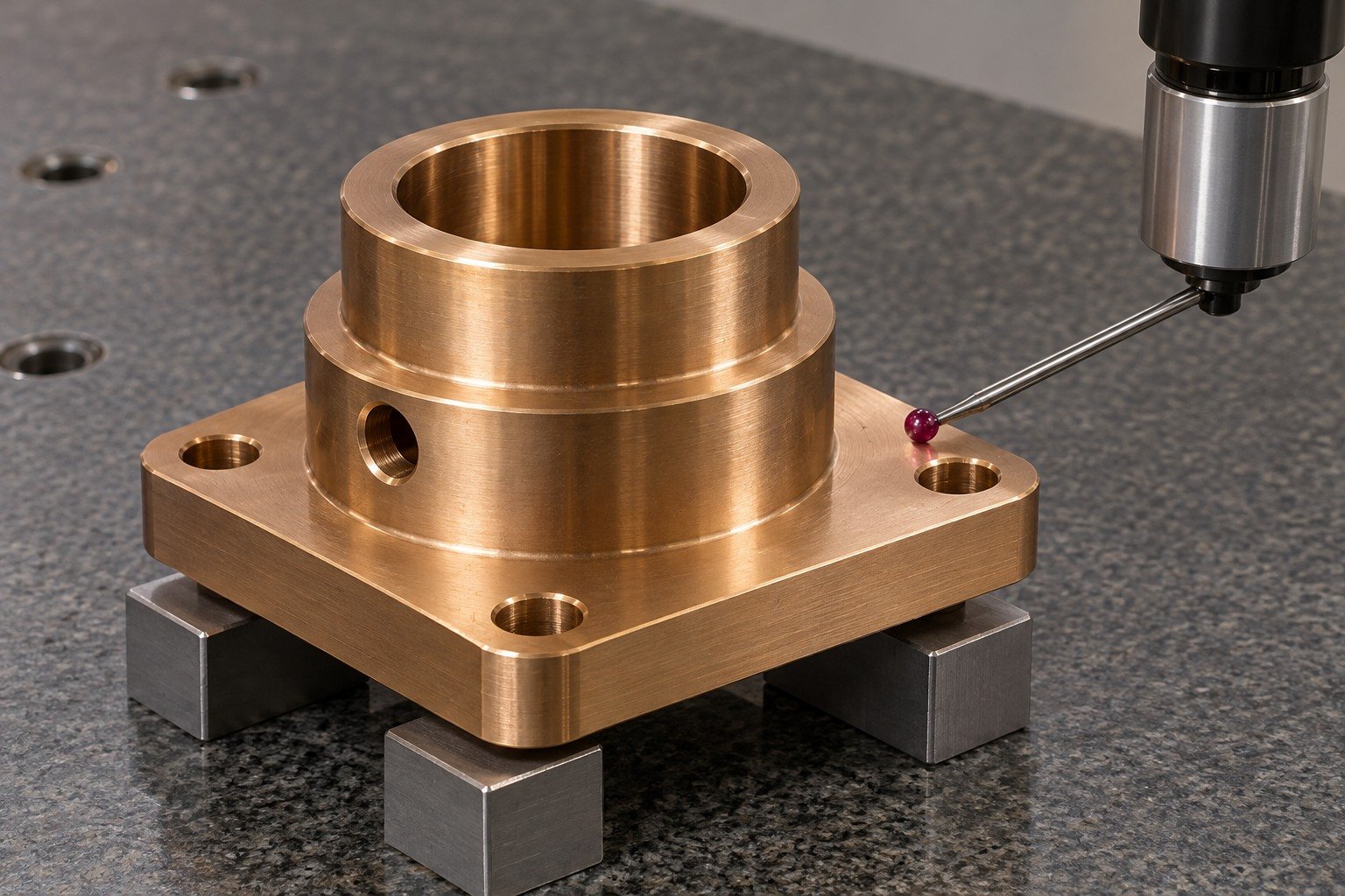 Datum inspection of bronze square flange bushing — illustrative generated component concept