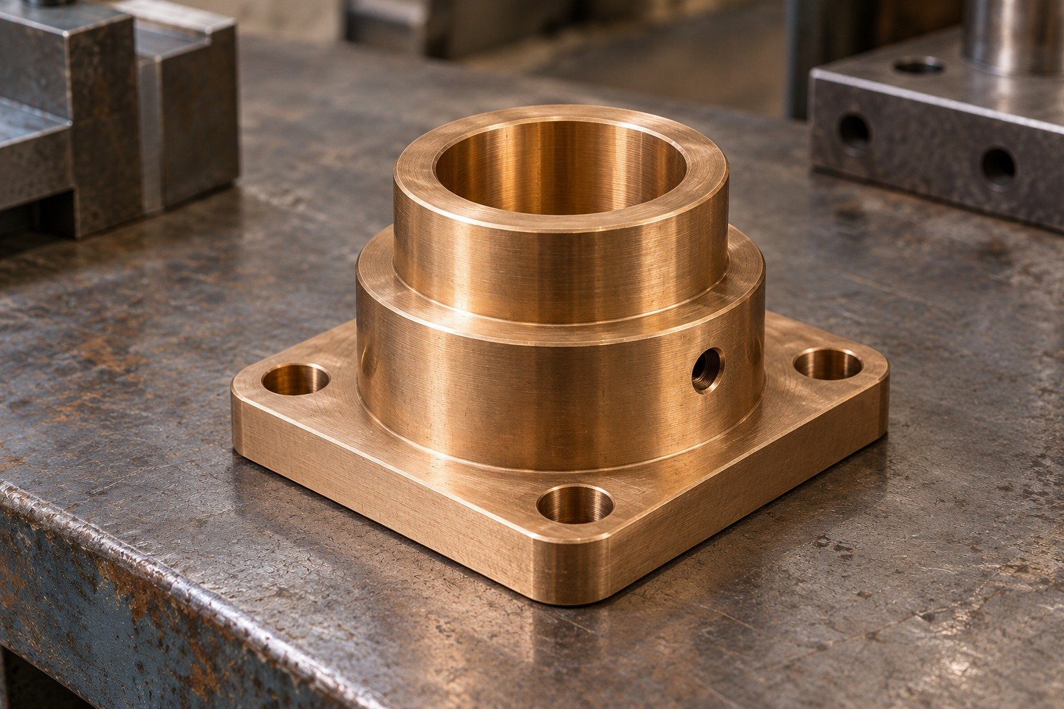 A bronze short square-flange bushing with central through bore, two unequal external steps, four corner bolt holes and one radial oil port concept — illustrative generated component concept
