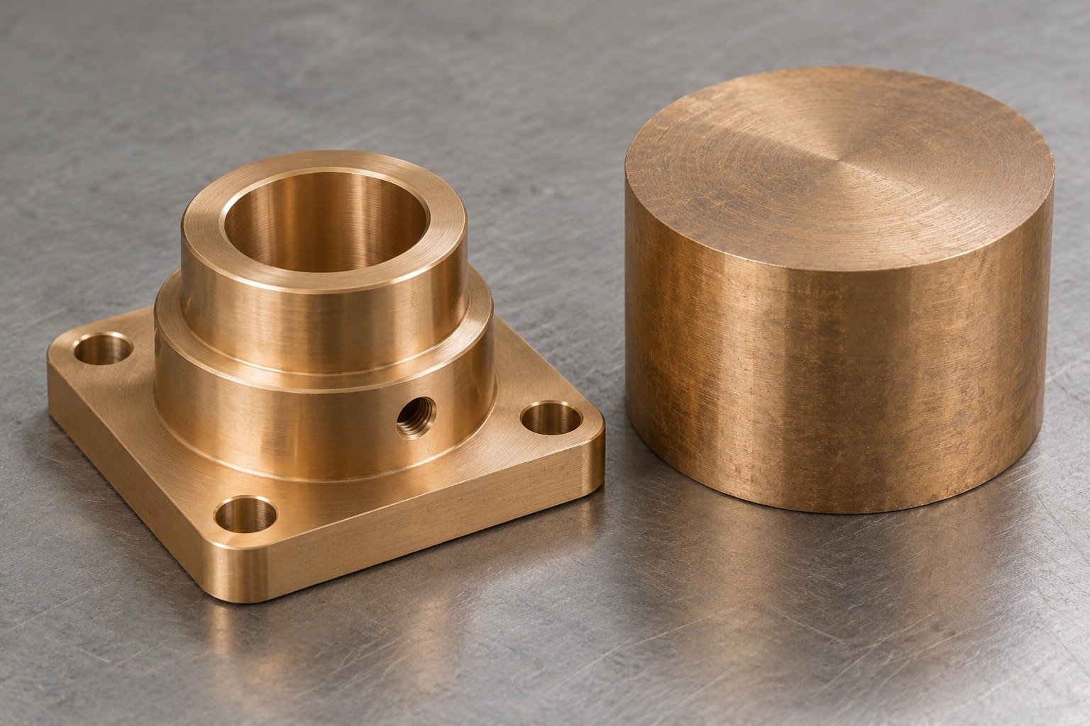 Bronze square flange bushing and separate machining stock — illustrative generated component concept