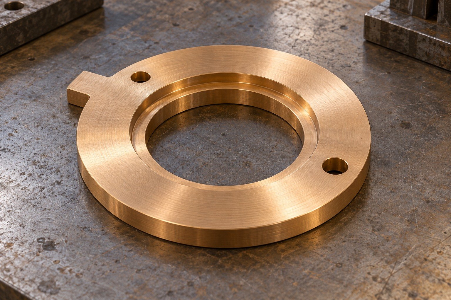 A bronze thick thrust washer with a broad annular face, shallow oil recess, one offset locating tab and two unequal small attachment holes concept — illustrative generated component concept