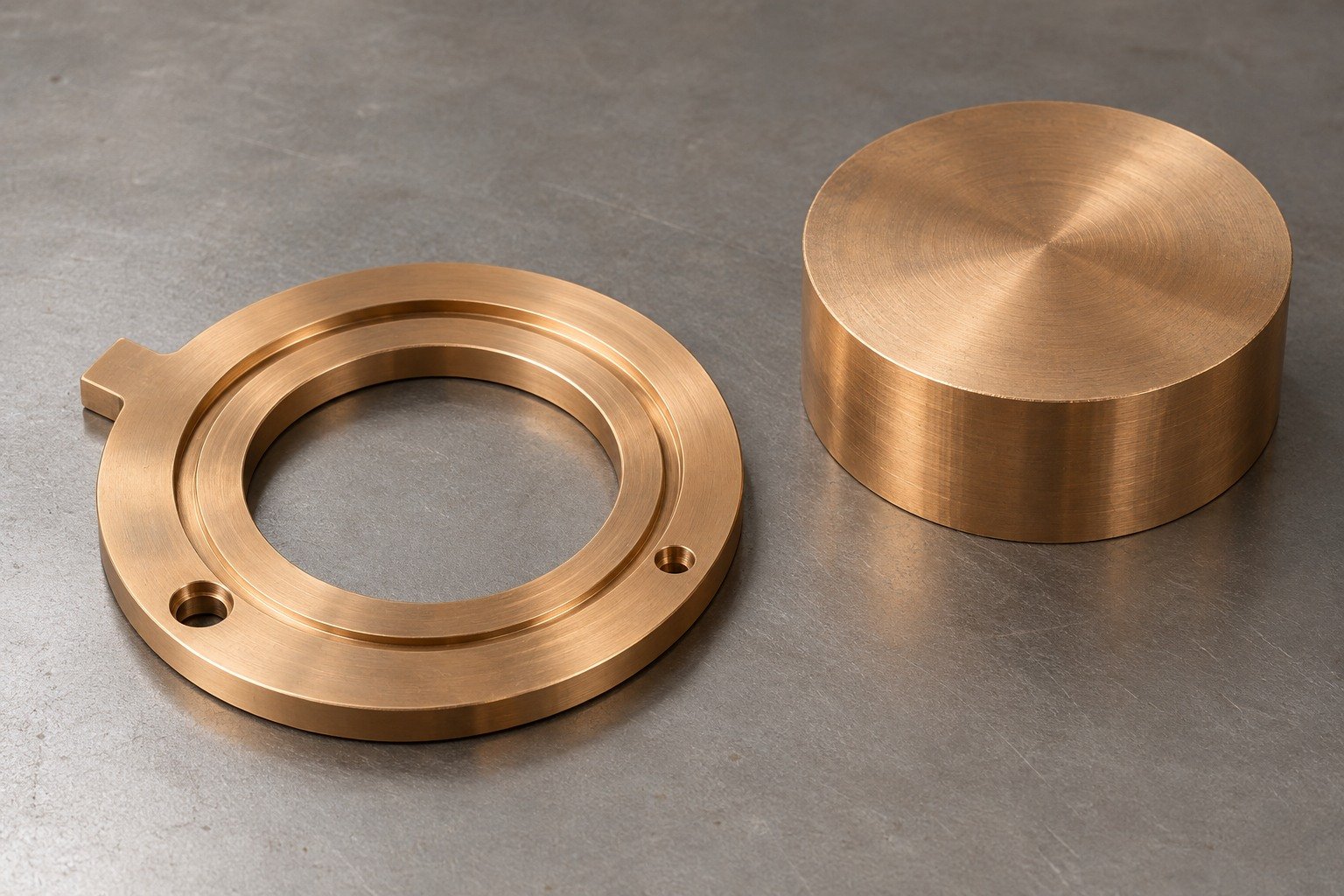 Bronze tabbed thrust washer and separate machining stock — illustrative generated component concept