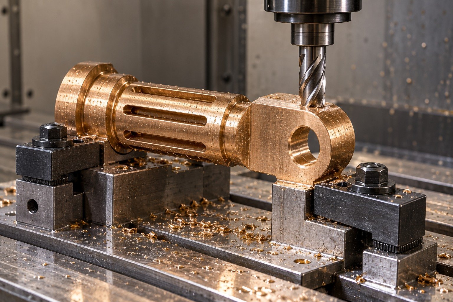 Milling a supported bronze valve mounting ear — illustrative generated component concept