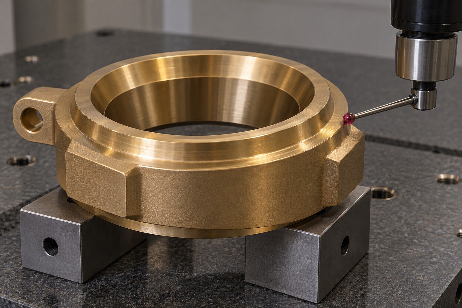 Datum inspection of bronze conical valve seat — illustrative generated component concept