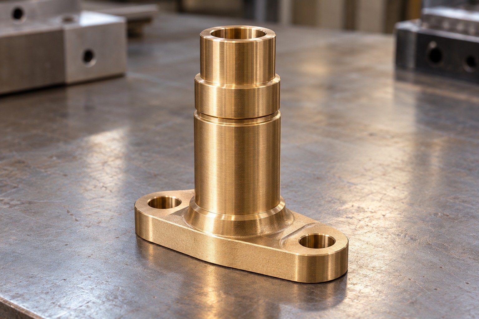 A golden-bronze tall valve-guide sleeve with two unequal outside diameters, shallow circumferential relief groove, stepped end face and an oblong two-hole mounting base concept — illustrative generated component concept