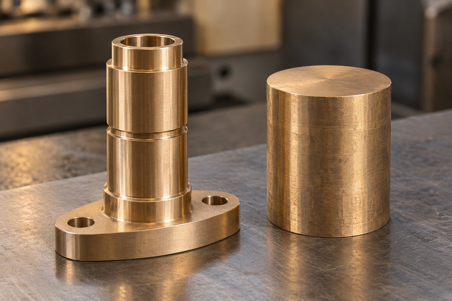 Bronze grooved valve guide and separate machining blank — illustrative generated component concept