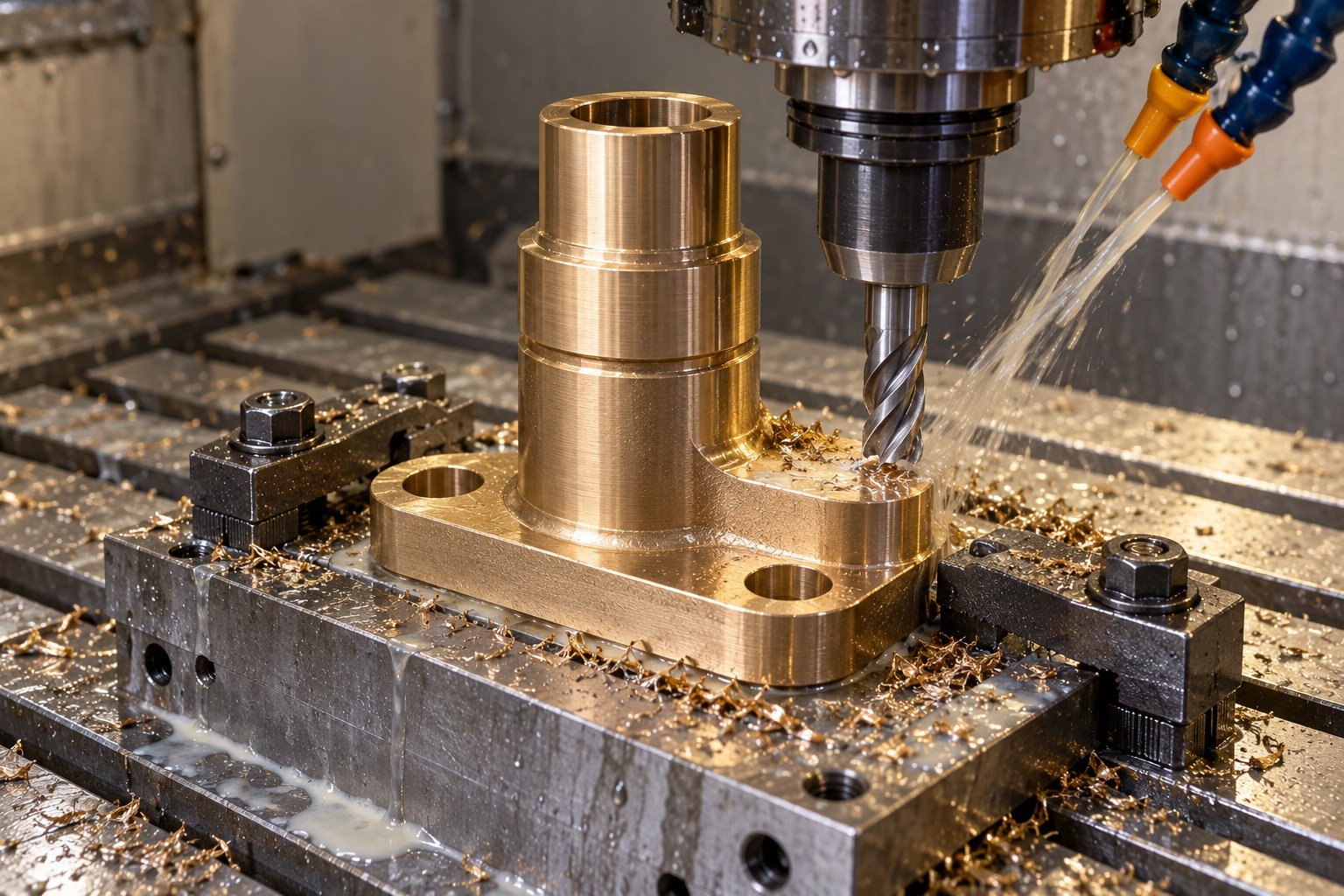 Supported machining of bronze grooved valve guide — illustrative generated component concept
