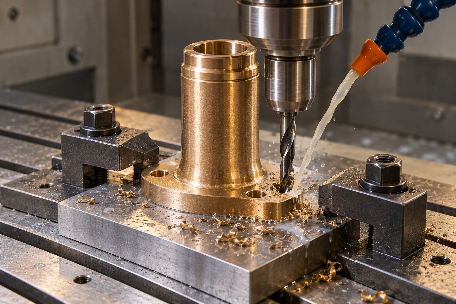 Drilling a supported bronze valve-guide mounting base — illustrative generated component concept