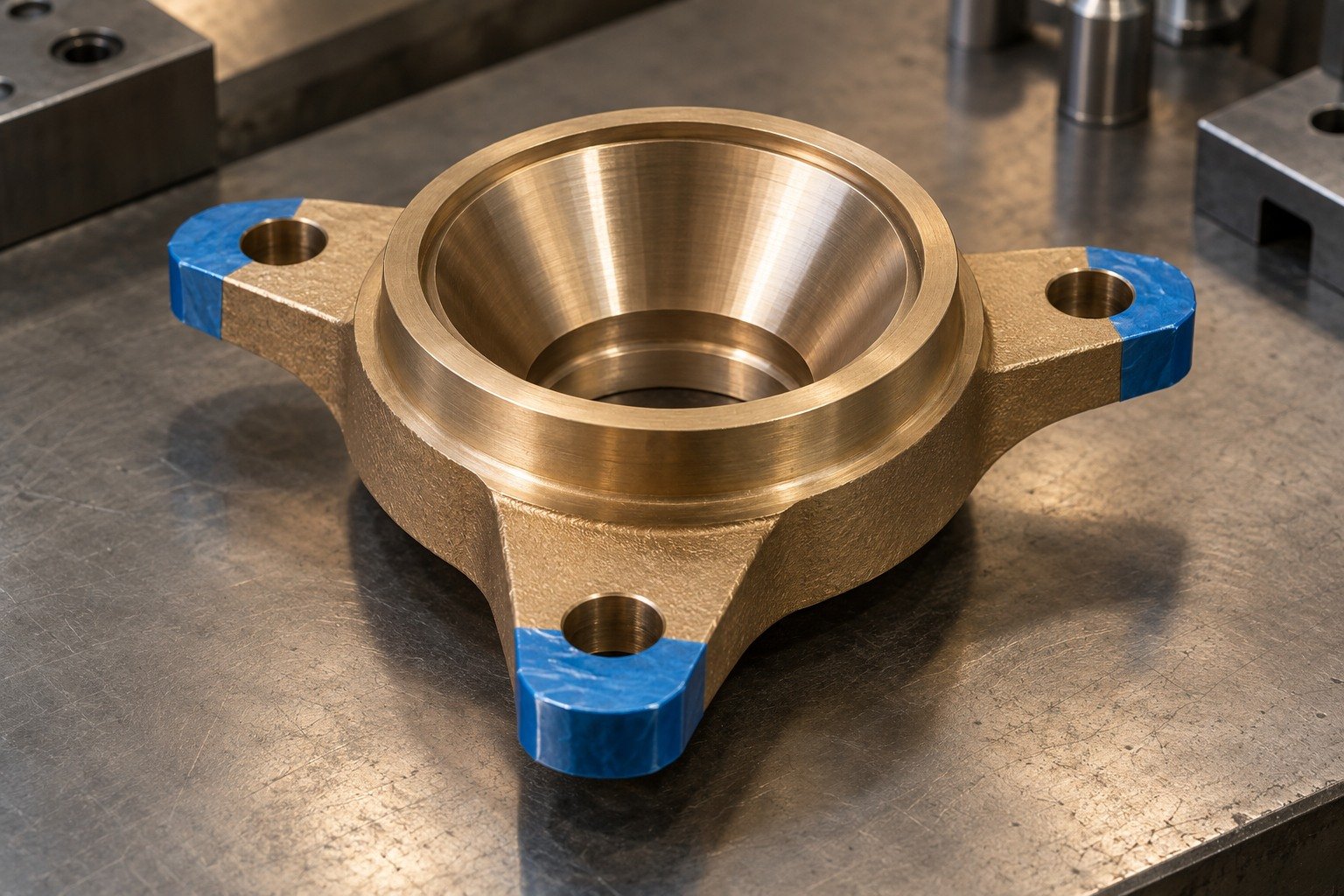 Specified masking on bronze valve-seat carrier tabs — illustrative generated component concept