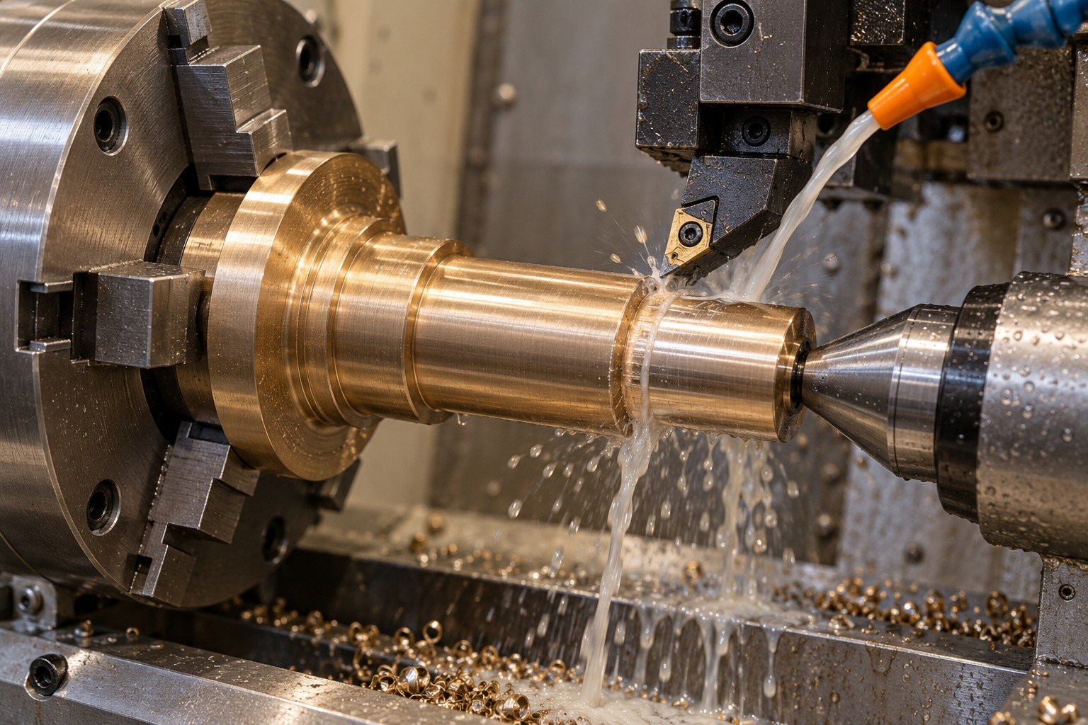 Supported turning of bronze pump-spindle journal — illustrative generated component concept