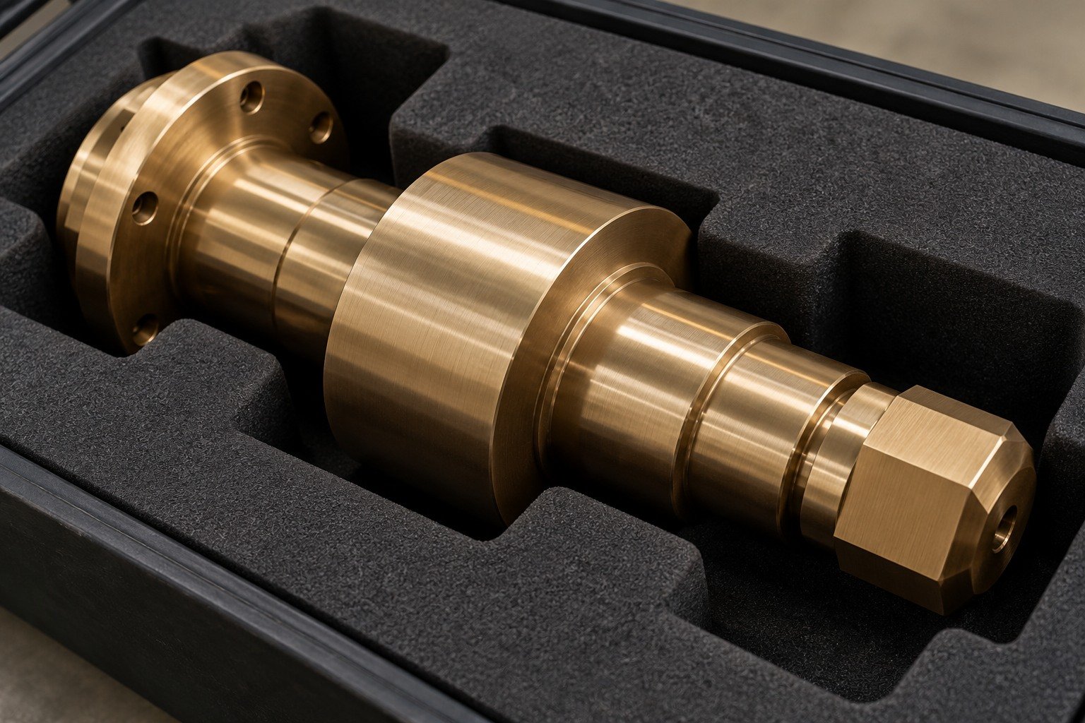 Bronze pump spindle in individual protective packing — illustrative generated component concept