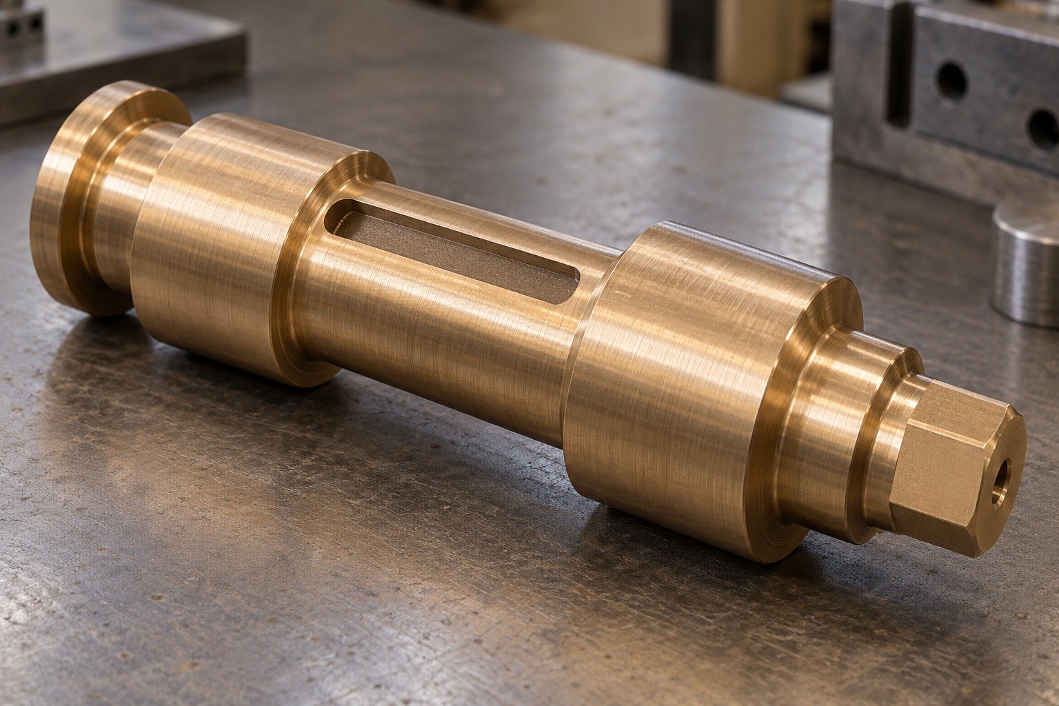 A golden-bronze short pump spindle with two broad journals, a wide keyway, raised end shoulder, short hexagonal end and a shallow axial center hole concept — illustrative generated component concept