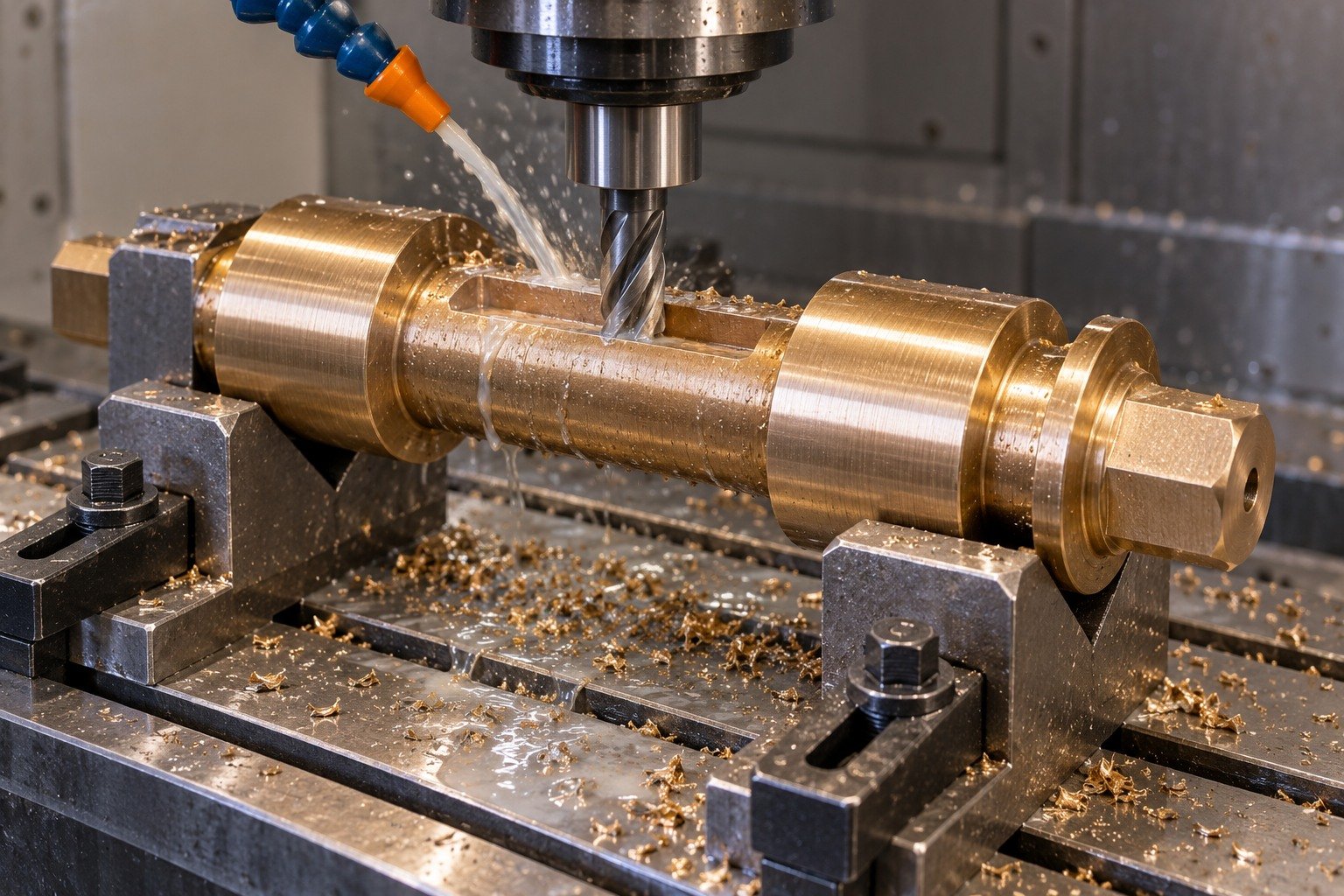 Supported machining of bronze short pump spindle — illustrative generated component concept