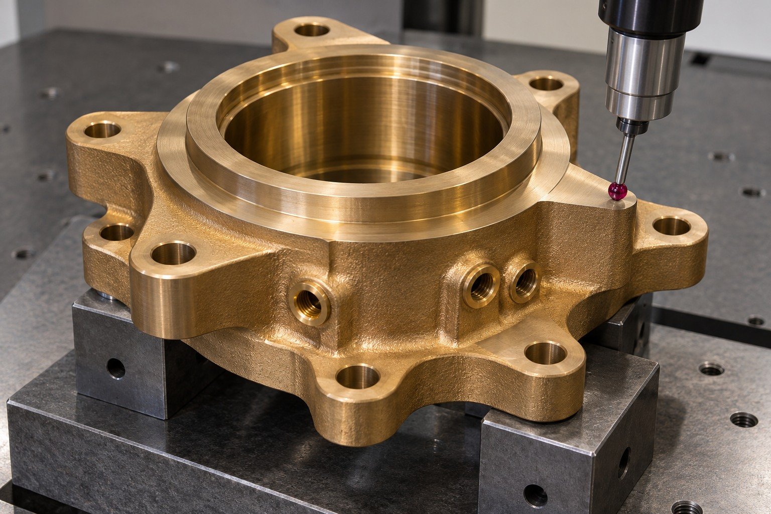 Datum inspection of bronze six lug bearing carrier — illustrative generated component concept