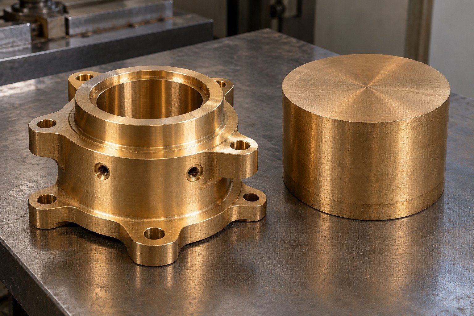 Bronze six lug bearing carrier and separate machining blank — illustrative generated component concept