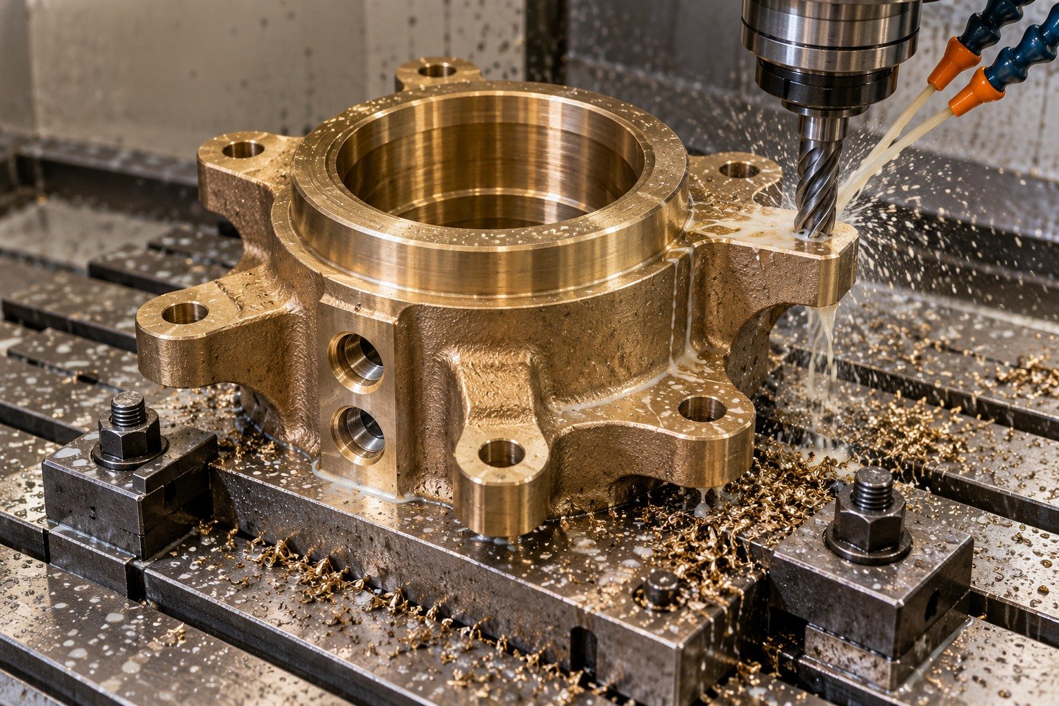 Supported machining of bronze six lug bearing carrier — illustrative generated component concept