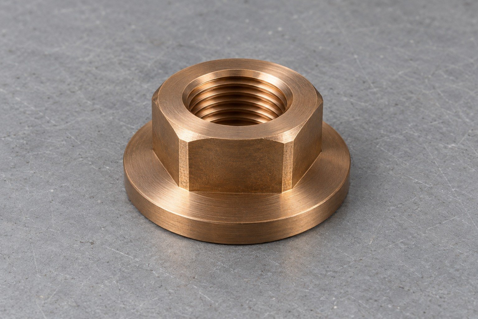 As-machined silicon-bronze flange-nut surface — illustrative generated component concept