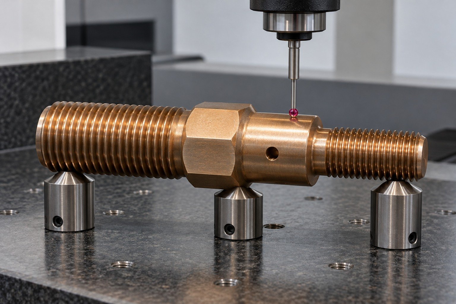 Exterior datum inspection of silicon-bronze cross drilled stud — illustrative generated component concept