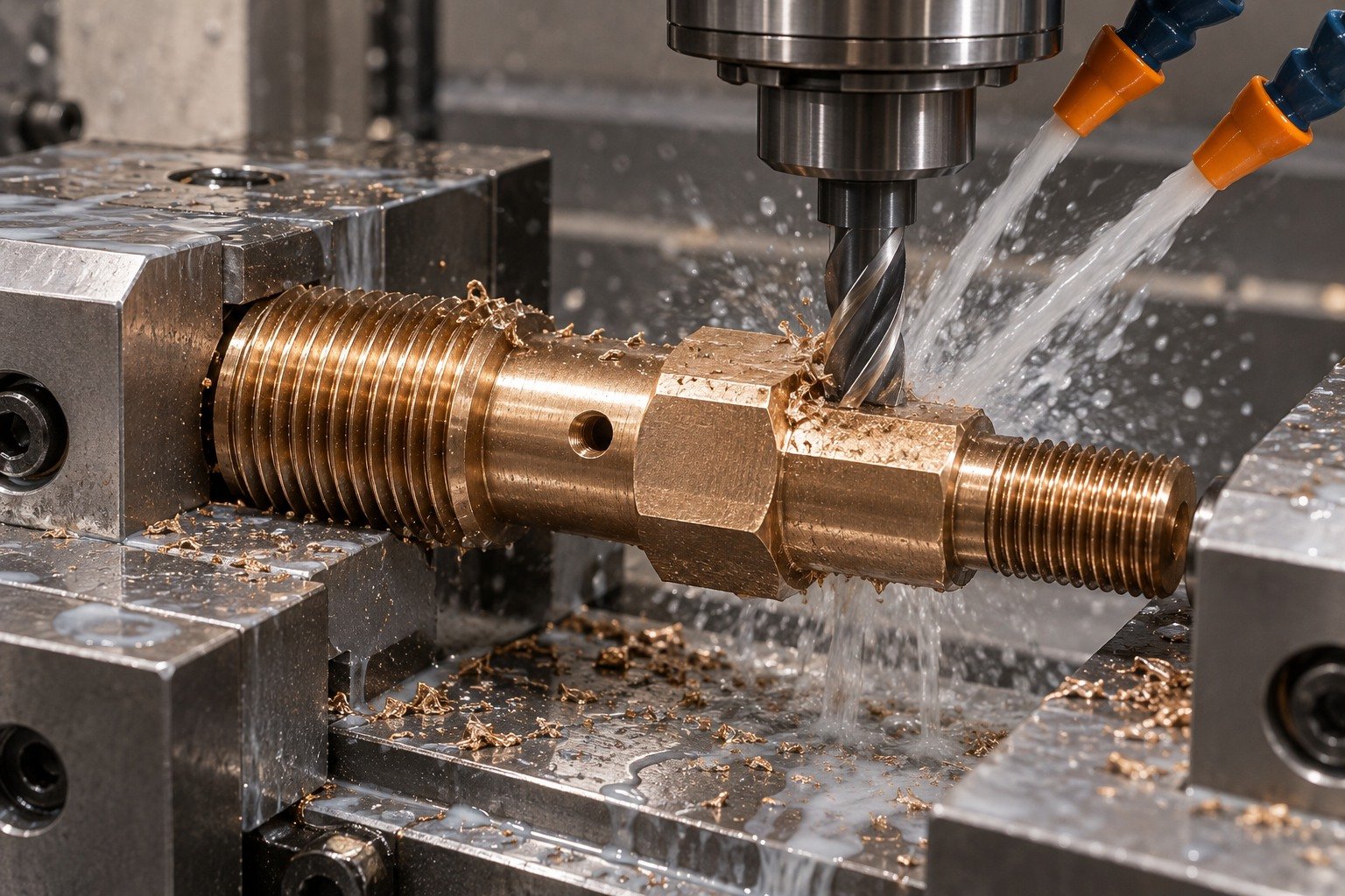 Supported machining of silicon-bronze cross drilled stud — illustrative generated component concept
