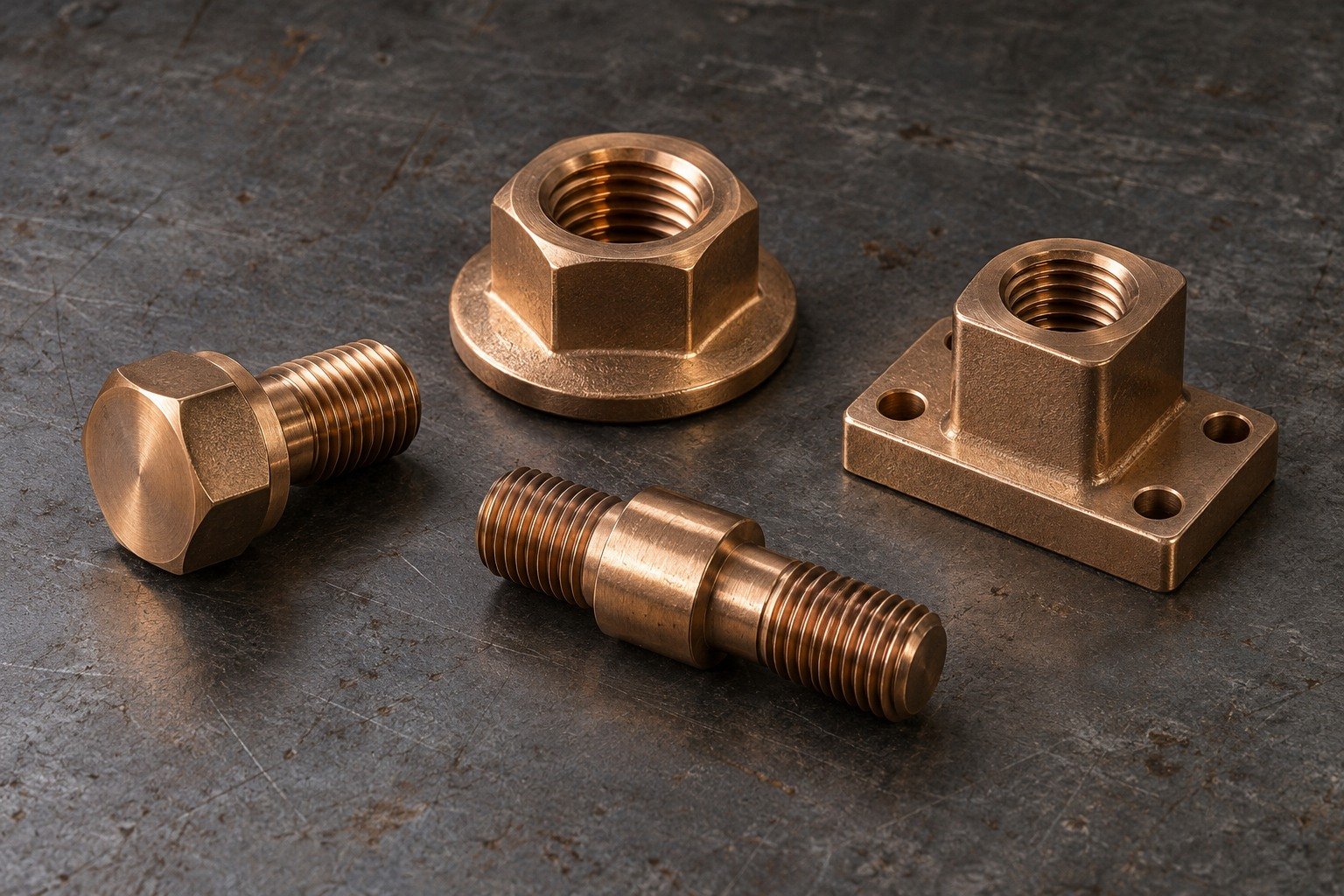 Silicon-bronze shoulder bolt, flange nut, stud and mounting boss concepts — illustrative generated component concept