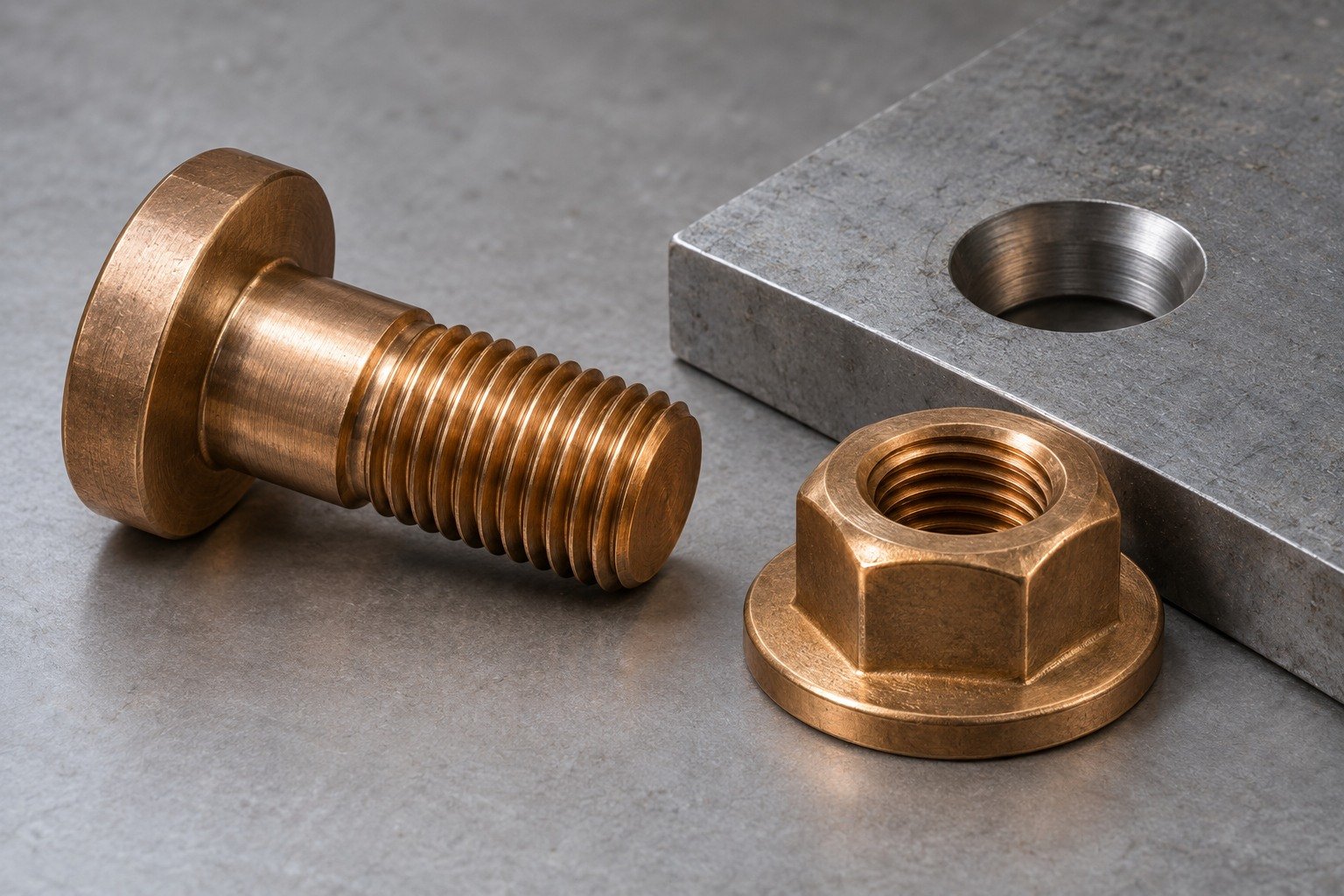 Separate silicon-bronze fastener and mating-interface concepts — illustrative generated component concept