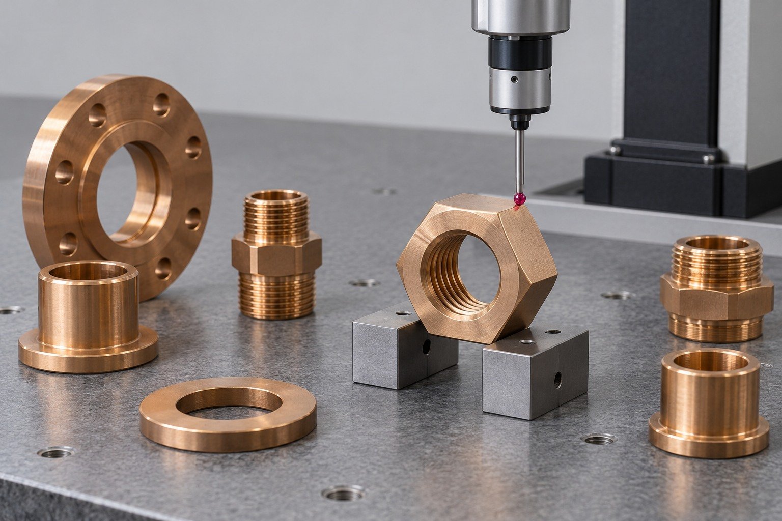 First-sample bronze nut exterior-datum inspection — illustrative generated component concept