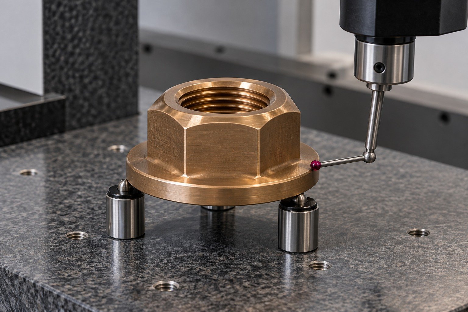 Exterior datum inspection of silicon-bronze flanged hex nut — illustrative generated component concept