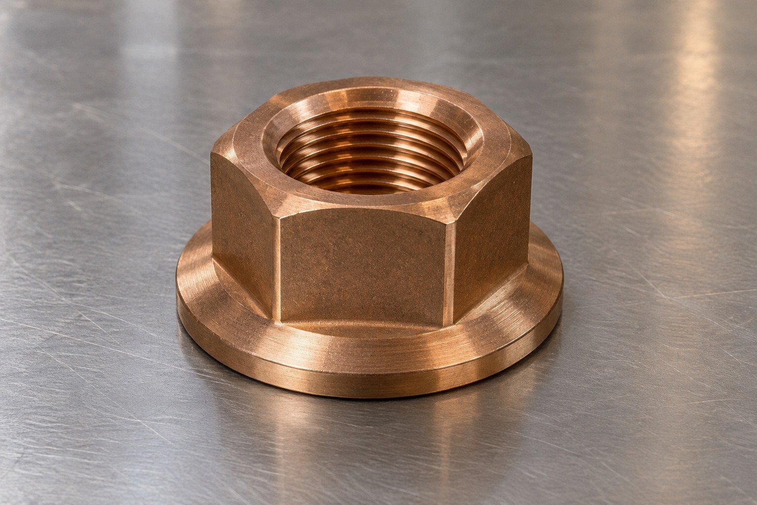 Silicon-bronze flanged hex nut concept — illustrative generated component concept