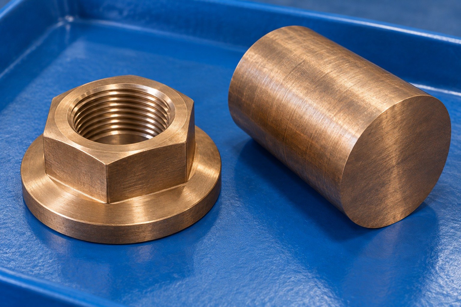 Silicon-bronze flanged hex nut and separate stock blank — illustrative generated component concept