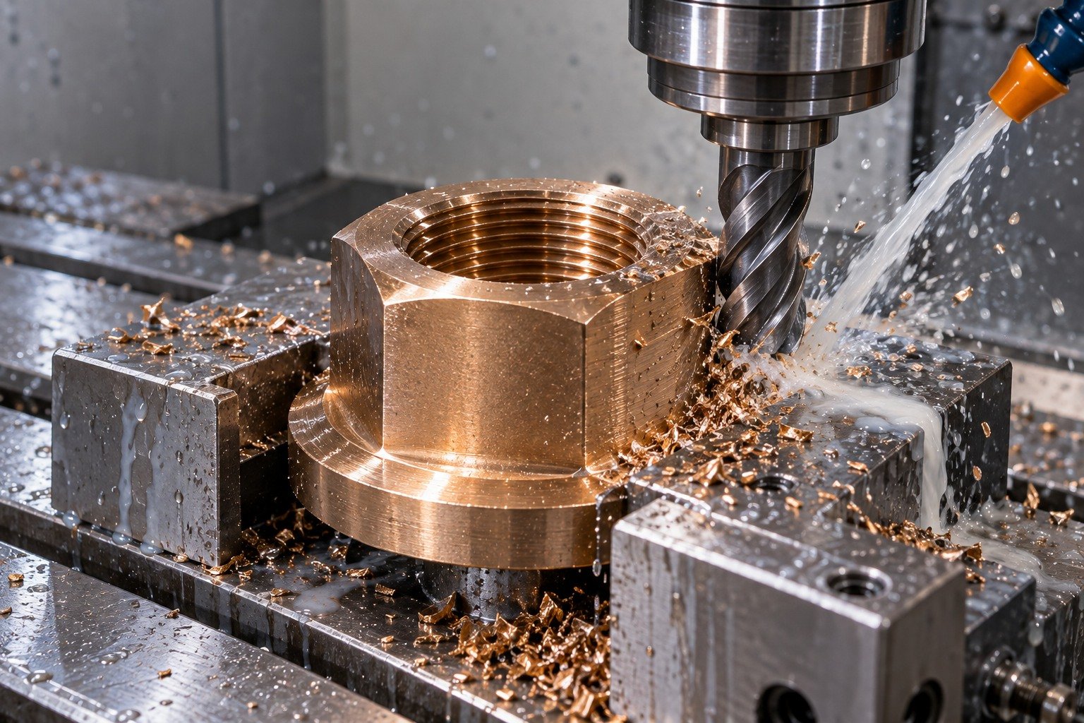 Supported machining of silicon-bronze flanged hex nut — illustrative generated component concept