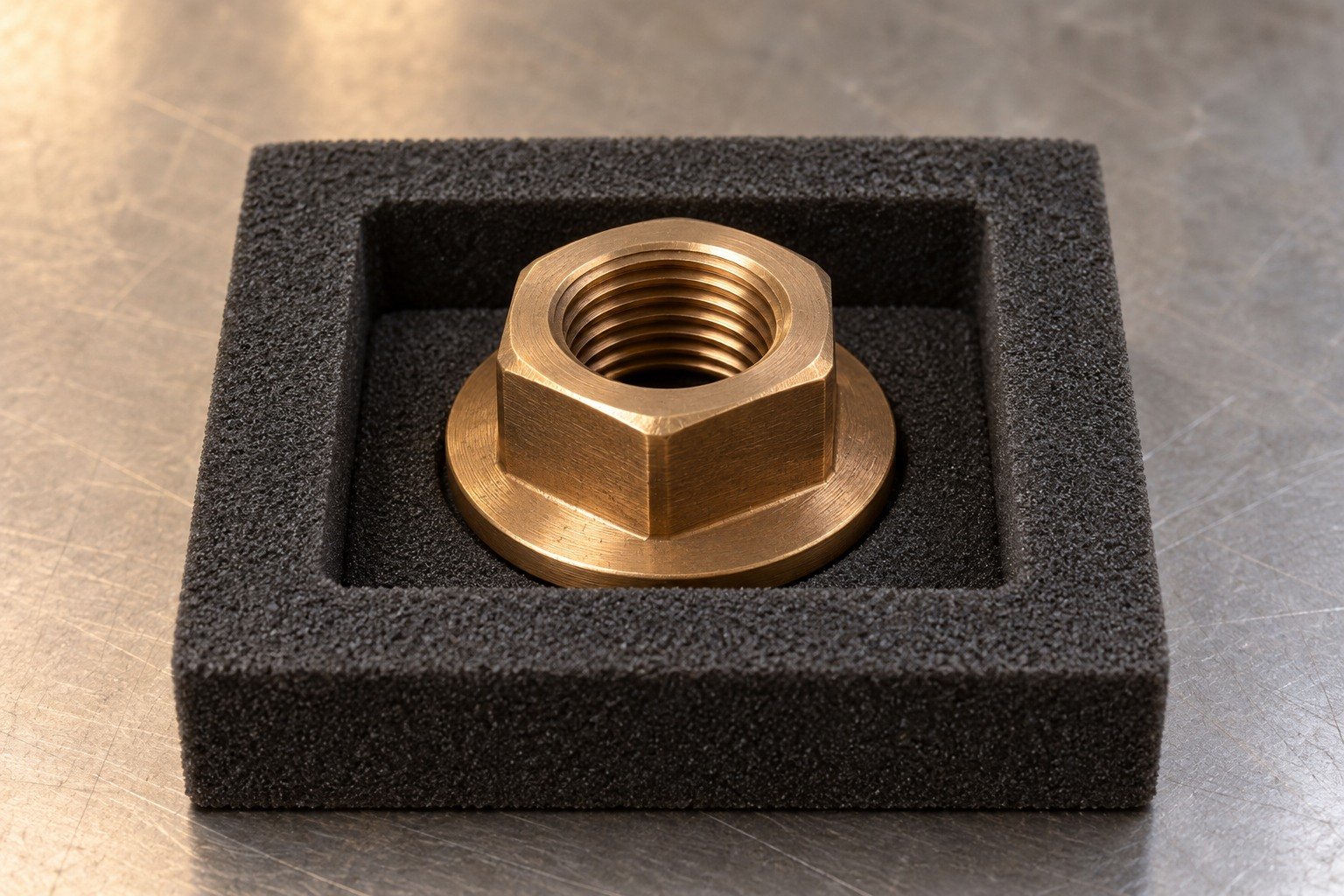 Individual protective packing of a silicon-bronze flange nut — illustrative generated component concept