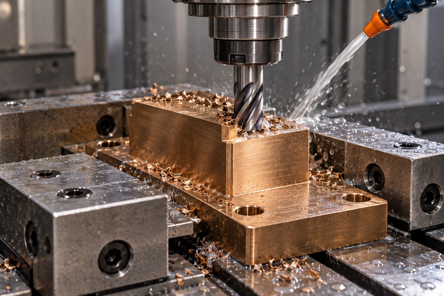 Milling a silicon-bronze mounting-boss flat — illustrative generated component concept