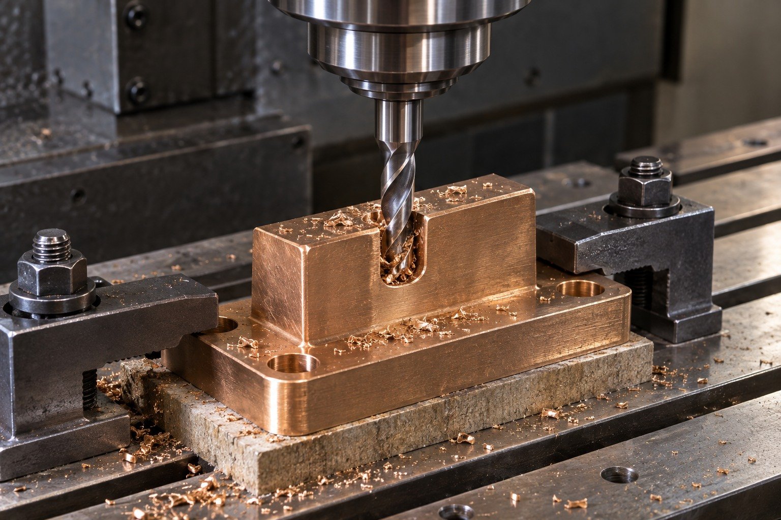 Drilling a supported silicon-bronze mounting foot — illustrative generated component concept