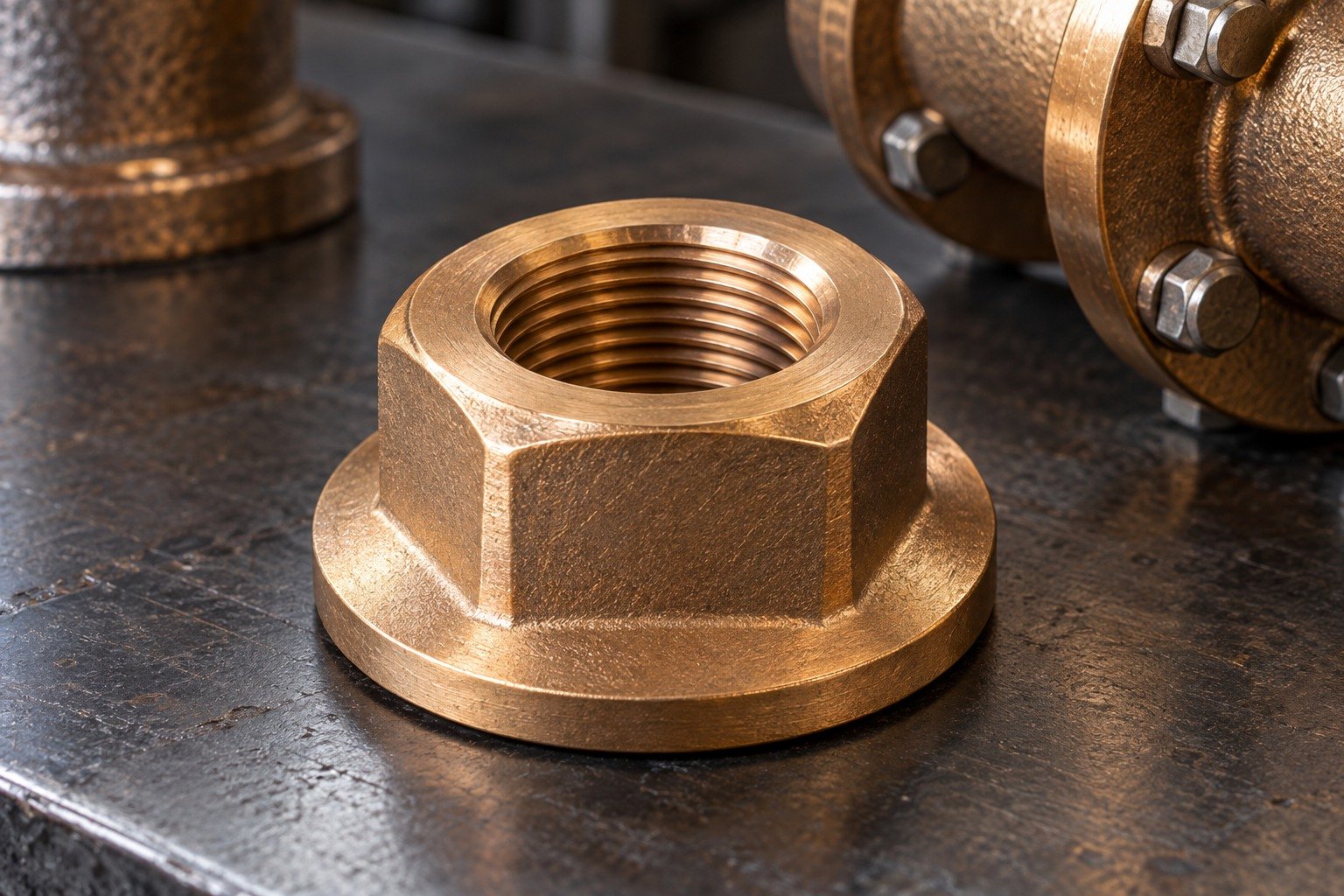 Silicon-bronze nut thread entrance and flange datum — illustrative generated component concept