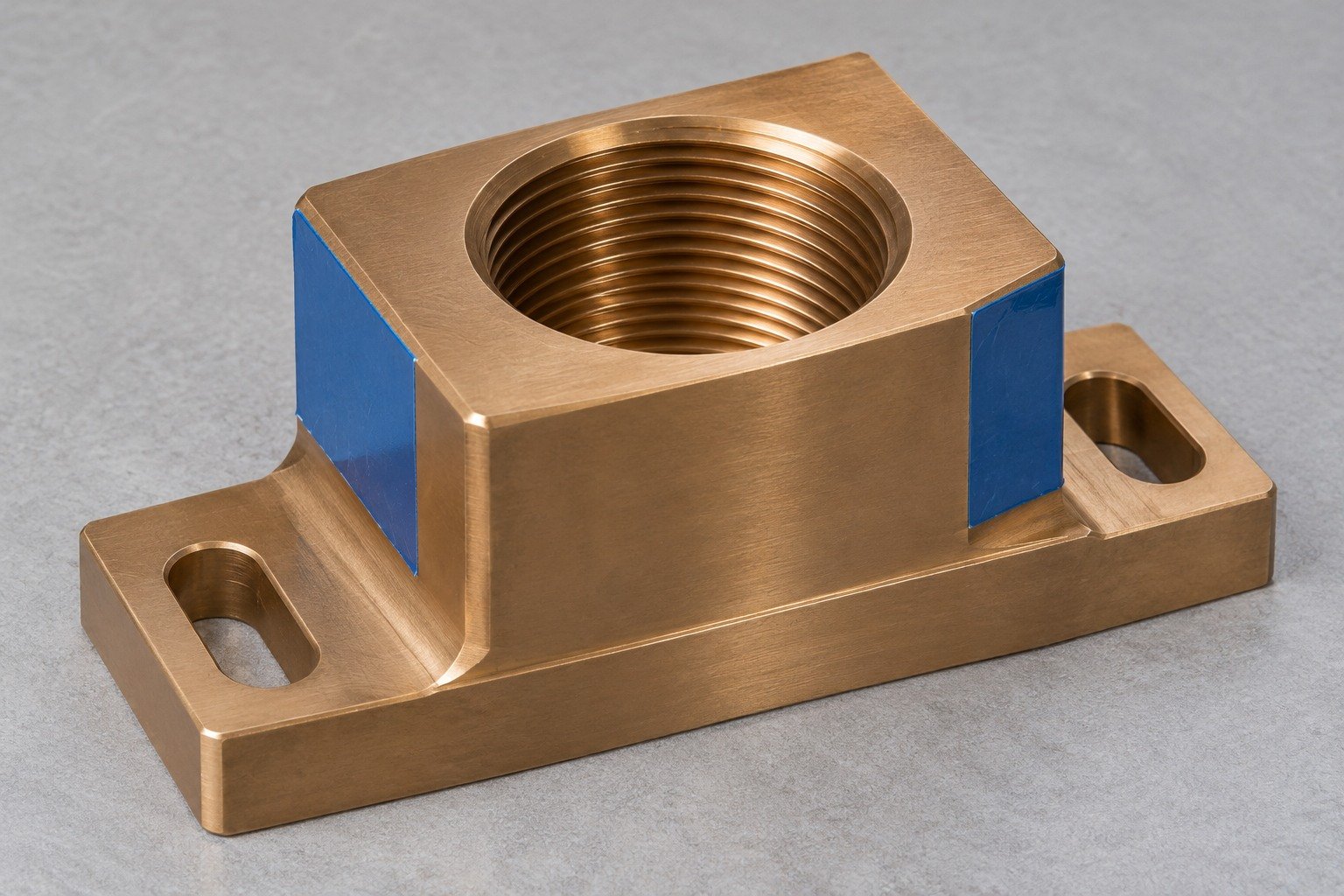 Protected handling areas and exposed bronze bearing datums — illustrative generated component concept