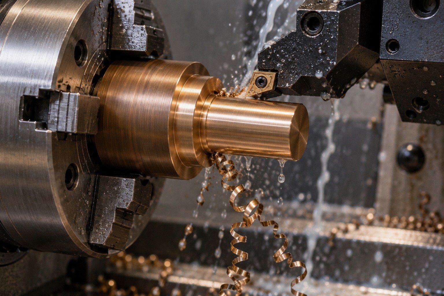Turning a supported silicon-bronze shoulder-bolt blank — illustrative generated component concept