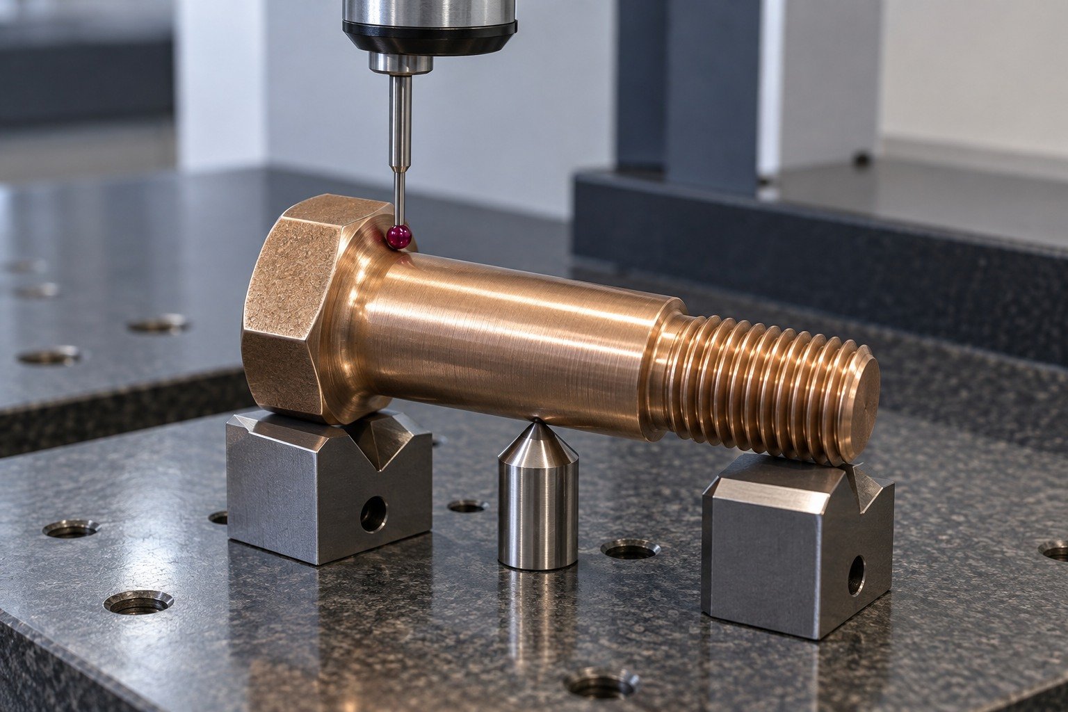 Exterior datum inspection of silicon-bronze shouldered bolt — illustrative generated component concept